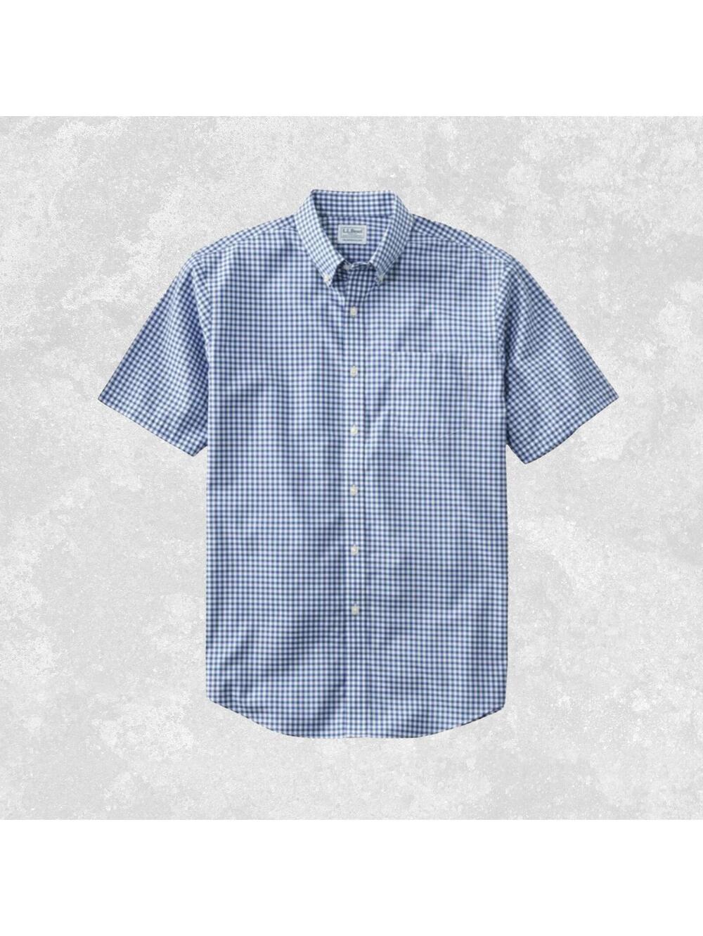 LL Bean Kennebunk Shirt Mens LT Blue Gingham Short Sleeve Button Down Cotton